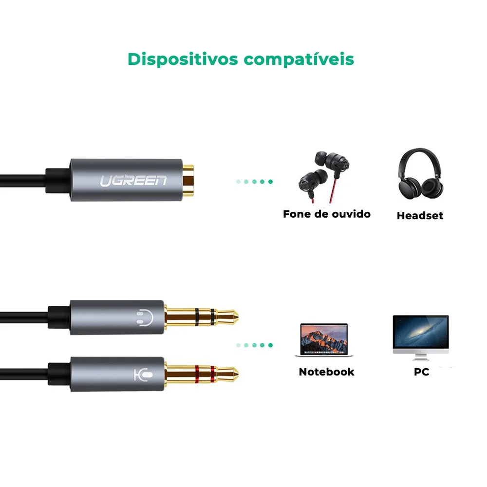 Imagem 3 de 5 do produto Divisor Splitter P3 Fone De Ouvido P2 E Mic Fone P2 Ugreen