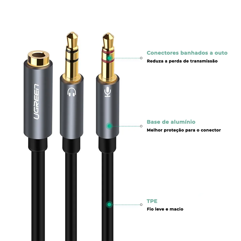 Imagem 4 de 5 do produto Divisor Splitter P3 Fone De Ouvido P2 E Mic Fone P2 Ugreen