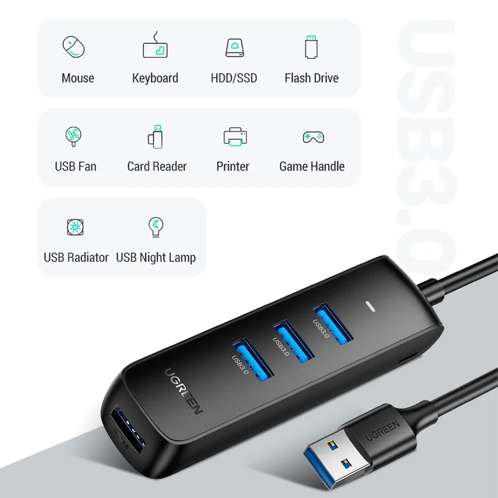Imagem 4 de 5 do produto HUB USB 4 Portas USB A 3.0 HD SSD Pendrive Ugreen 5gbps 1m
