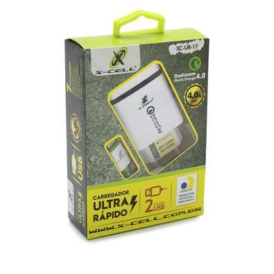 Carregador De Tomada Com Cabo Duplo USB, X-cell, Quick Charge 4.0, Branco Com Preto - XC-UR-17