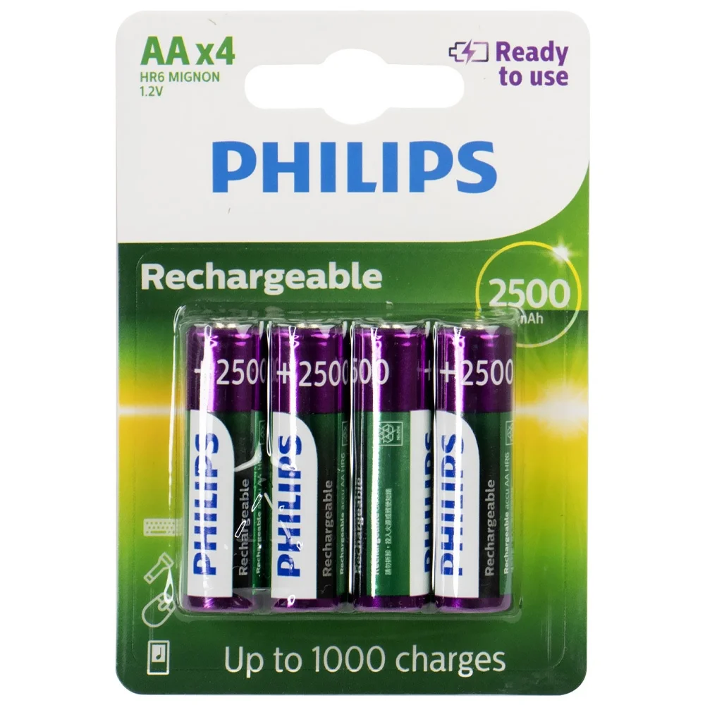Pilha Recarregável AA Philips, 4 Unidades, 2500mAh, 1.2V