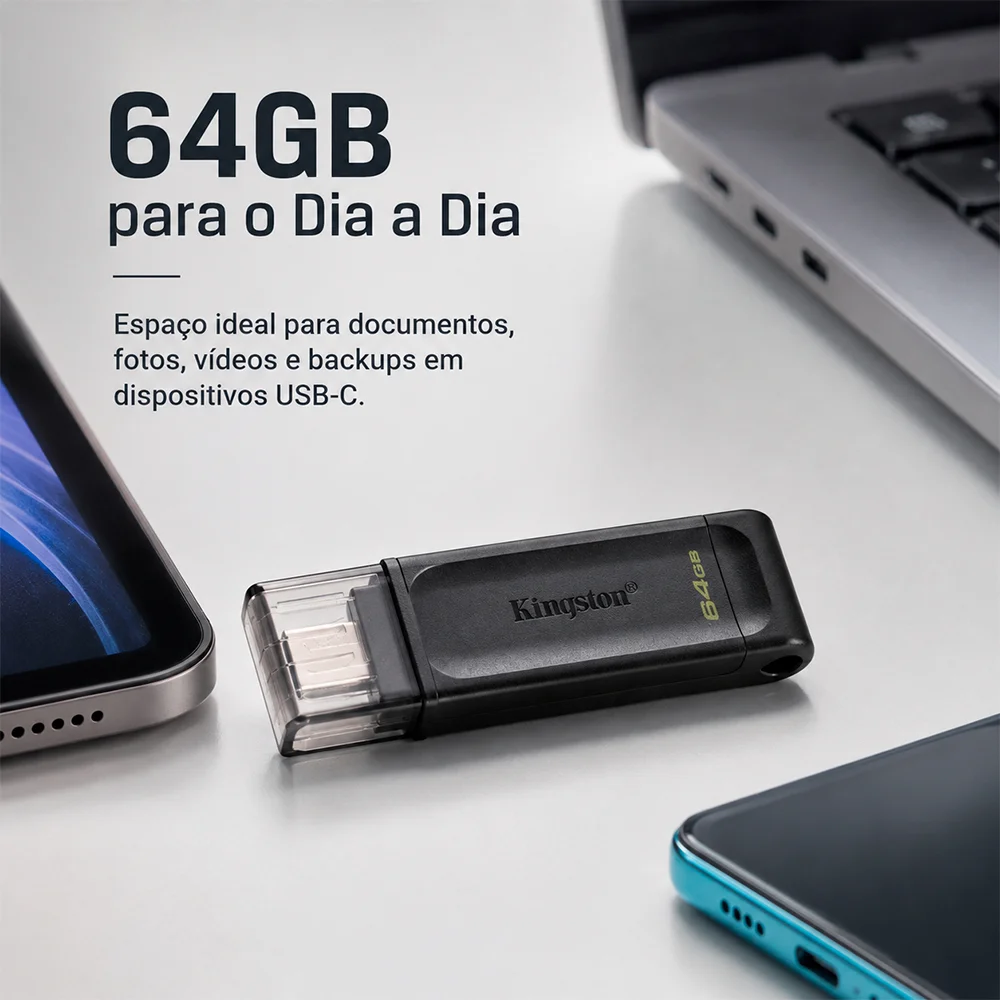 Imagem 2 de 5 do produto Pen Drive Kingston 64GB, USB-C 3.2, Datatraveler 70 - Dt70/64gb