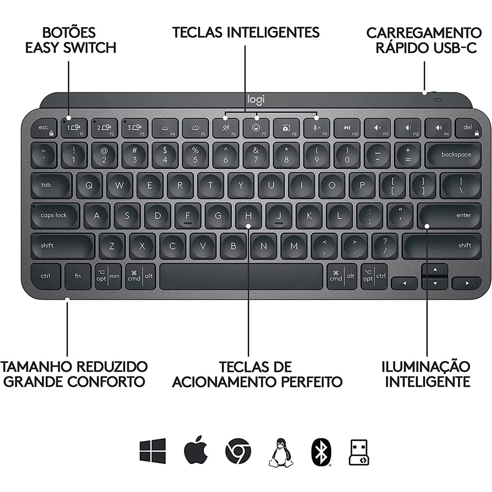 Imagem 5 de 5 do produto Teclado Logitech Mx Keys, Bluetooth, Mini 920-010505, Grafite