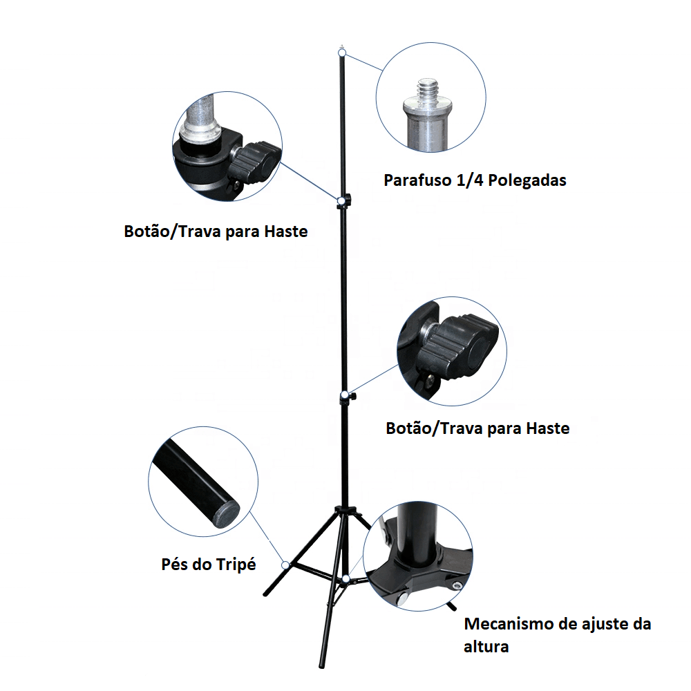 Tripé De Iluminação E Câmeras Encaixe 1/4 Polegadas - 1,14m