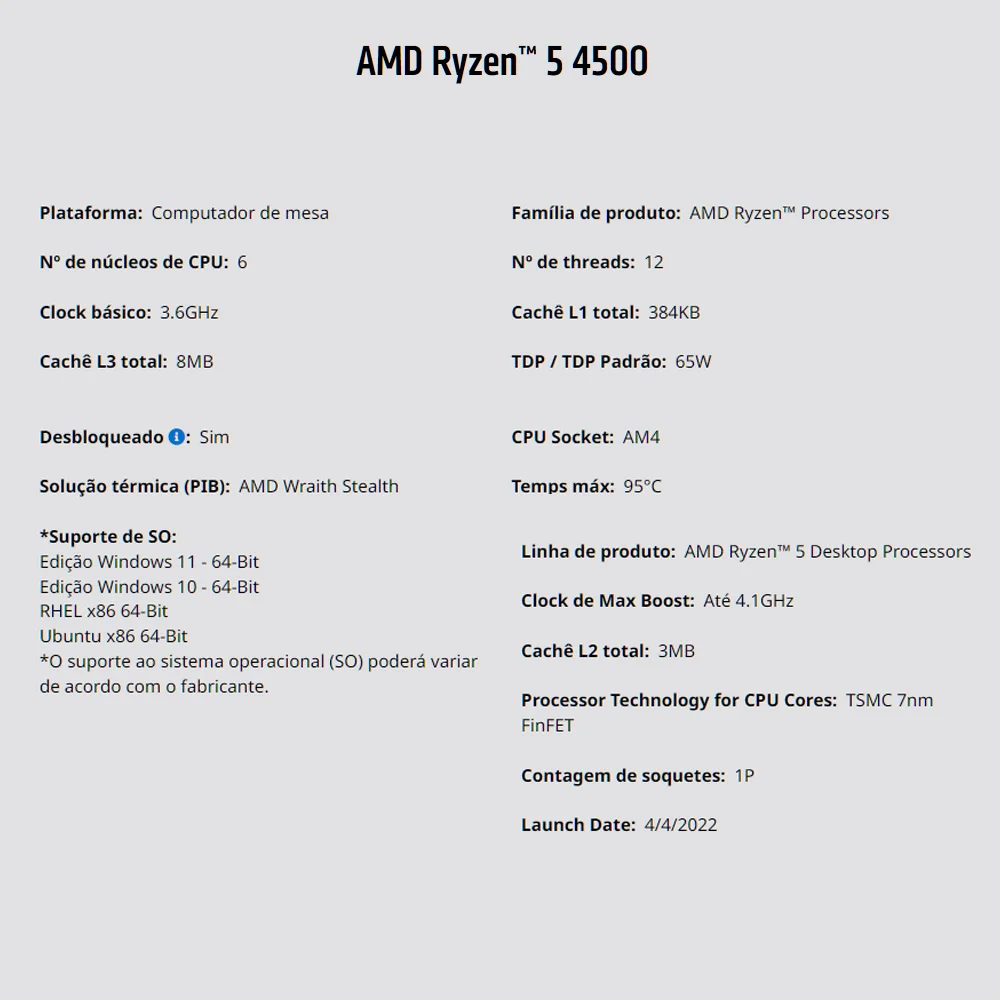 Imagem 3 de 4 do produto Kit Upgrade AMD Ryzen 5 4500, Placa Mãe A520M, 16GB DDR4, Neologic - Nli84048