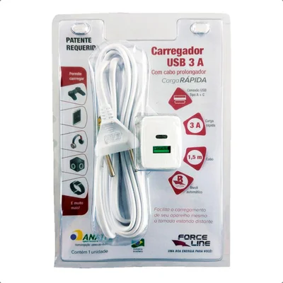 Carregador Usb A+c Com Cabo Prolongador De 1,5m