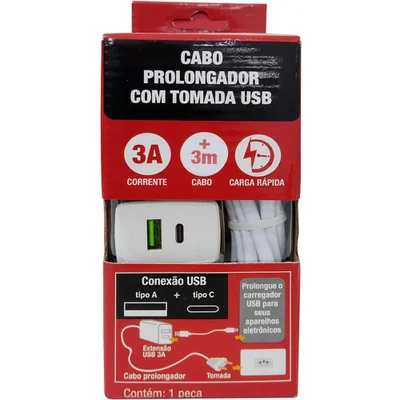Cabo Prolongador 3a Forceline, Com Tomada USB, 3m, Branco