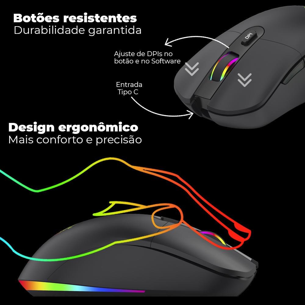 Imagem 2 de 5 do produto Kit Gamer Ktrok, com Mouse Sem Fio Doubles Max RGB Wireless 10000DPI, + Teclado Semi-Mecânico Thoth LED Switch Ktrok Plunger ABNT2, + Headset Stout RGB 50mm