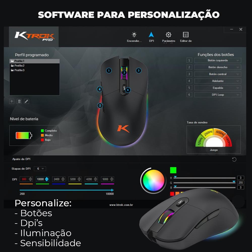 Imagem 4 de 5 do produto Kit Gamer Ktrok, com Mouse Sem Fio Doubles Max RGB Wireless 10000DPI, + Teclado Semi-Mecânico Thoth LED Switch Ktrok Plunger ABNT2, + Headset Stout RGB 50mm