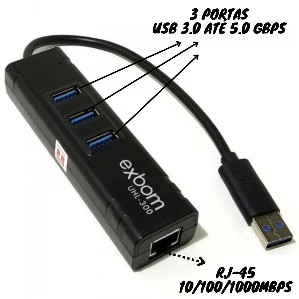 Imagem 4 de 4 do produto HUB Exbom USB 3.0, 3 Portas, Adaptador USB Para LAN Ethernet Gigabit, Placa De Rede Externa - UHL-300