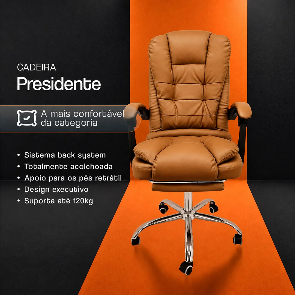 Imagem 3 de 5 do produto Cadeira De Escritorio, Presidente Ergonomica,Apoio Para Pés,Cor:marrom - Carmelo Marrom.