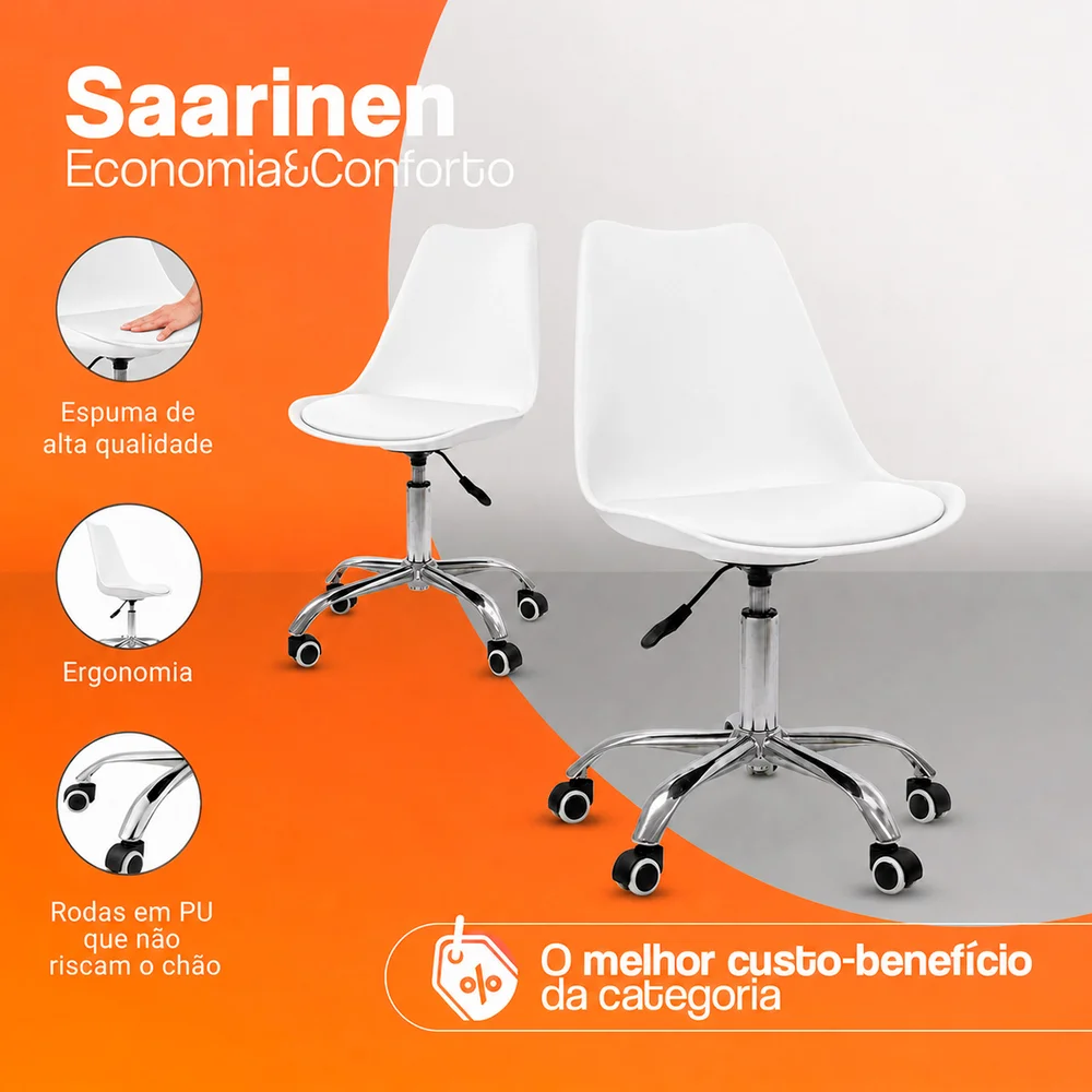 Imagem 3 de 5 do produto Cadeira Office, Base Cromada Com Rodizio Giratória, Saarinen, Branco