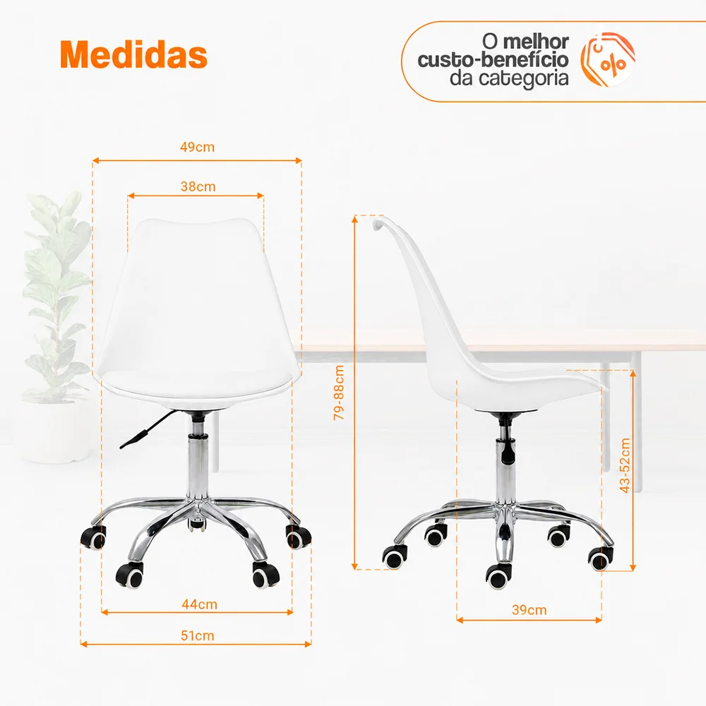 Imagem 5 de 5 do produto Cadeira Office, Base Cromada Com Rodizio Giratória, Saarinen, Branco