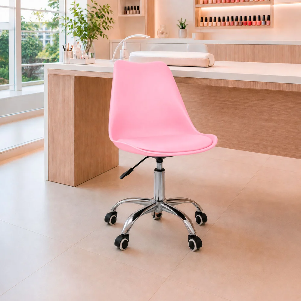 Cadeira Office, Oficial, Base Cromada Com Rodizio Giratória, Saarinen, Rosa