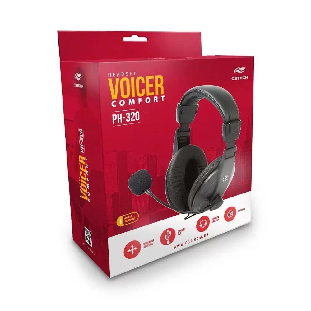 Fone com Microfone Headset Voicer Confort, C3TECH PH-320BK (USB)