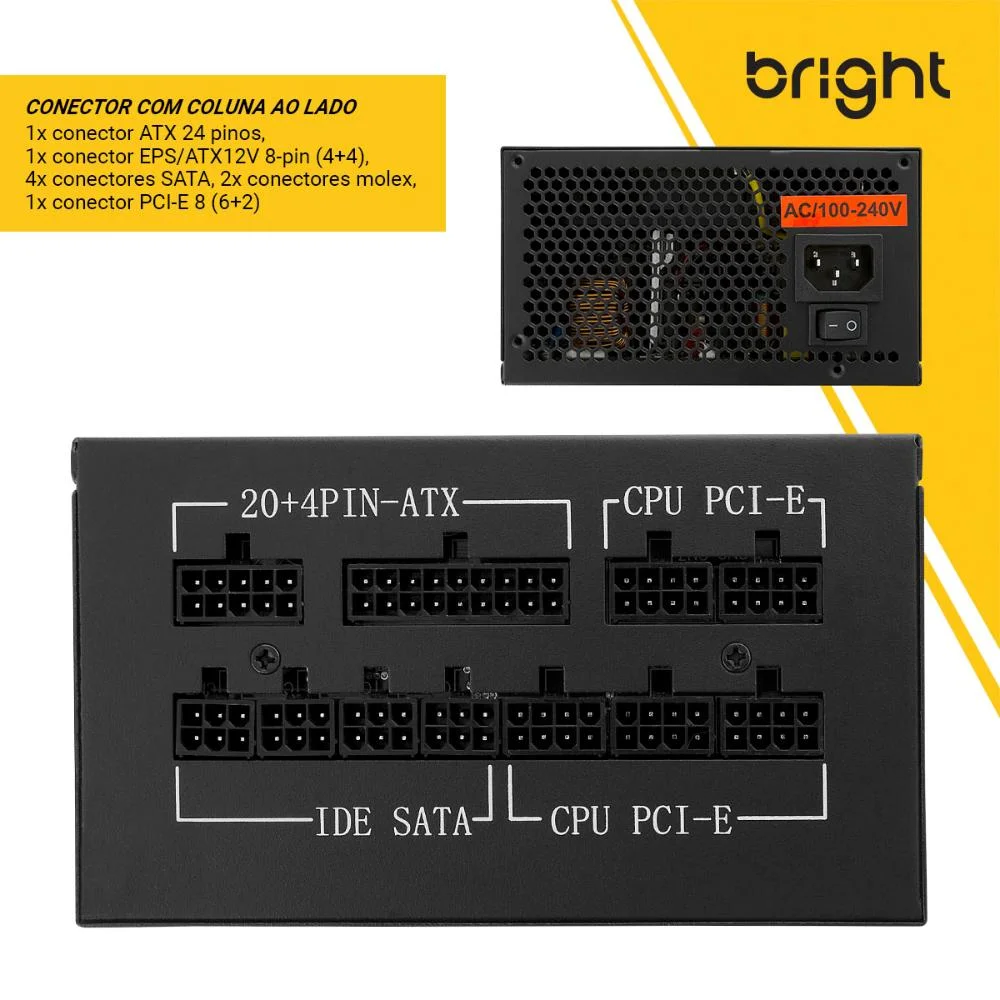 Fonte Bright ATX, 1000W, Modular Automática, FT005 Fonte Bright ATX, 1000W, Modular Automática, FT005