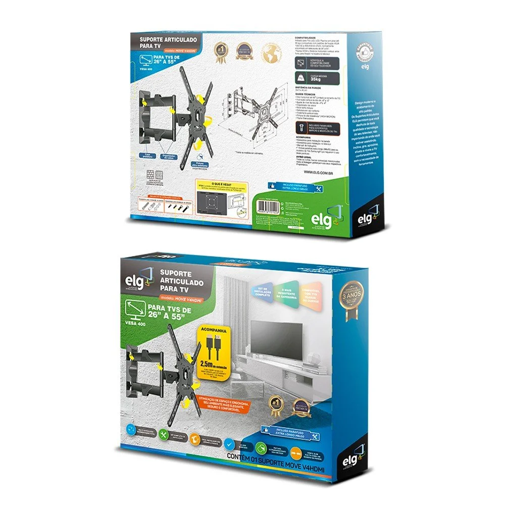Imagem 5 de 5 do produto Suporte Para Tv/monitor De 26 A 55 - Multiarticulado - Vesa 400 - Com Cabo Hdmi - Elg Movev4hdmi