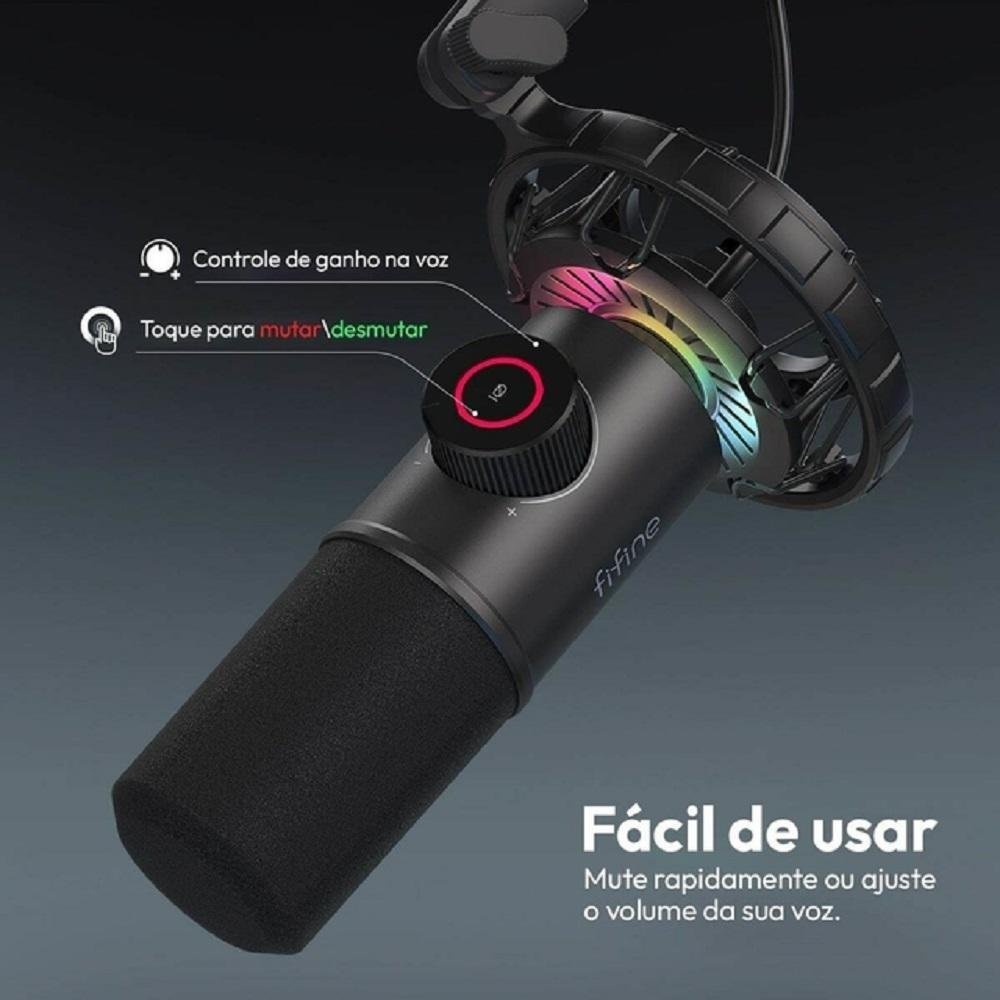 Microfone Profissional Cardioide, RGB, Fifine, K658 - Preto