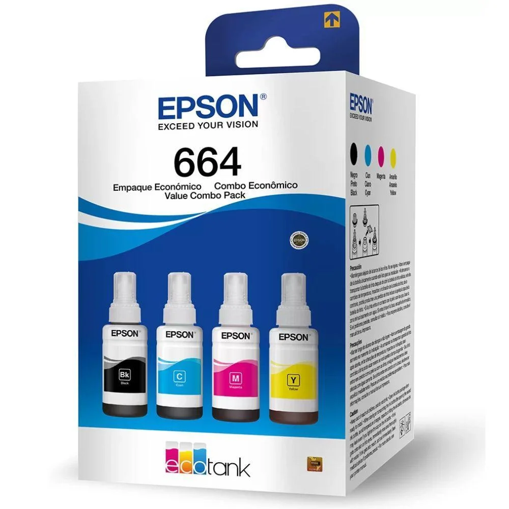 Kit Com 4 Refis De Tinta, T664, Preto E Color, T664520-4p, Epson Kit Com 4 Refis De Tinta, T664, Preto E Color, T664520-4p, Epson