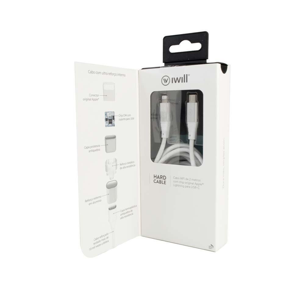 Imagem 2 de 5 do produto Cabo MFI Hard Cable Iwill, Para USB-C, Em Poliéster, 2M, Branco