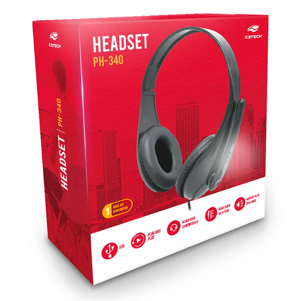 Headset C3Tech C/ Microfone USB, Preto Ph-340BK
