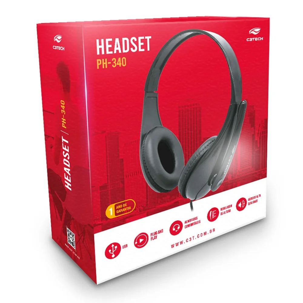 Headset C3Tech C/ Microfone USB, Preto Ph-340BK