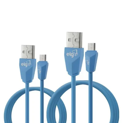 Kit Cabo Micro Usb, Sincronização E Recarga 12w 2.4a, Kit 1 Metro + 2 Metros, Azul, Cmb512be, Elg