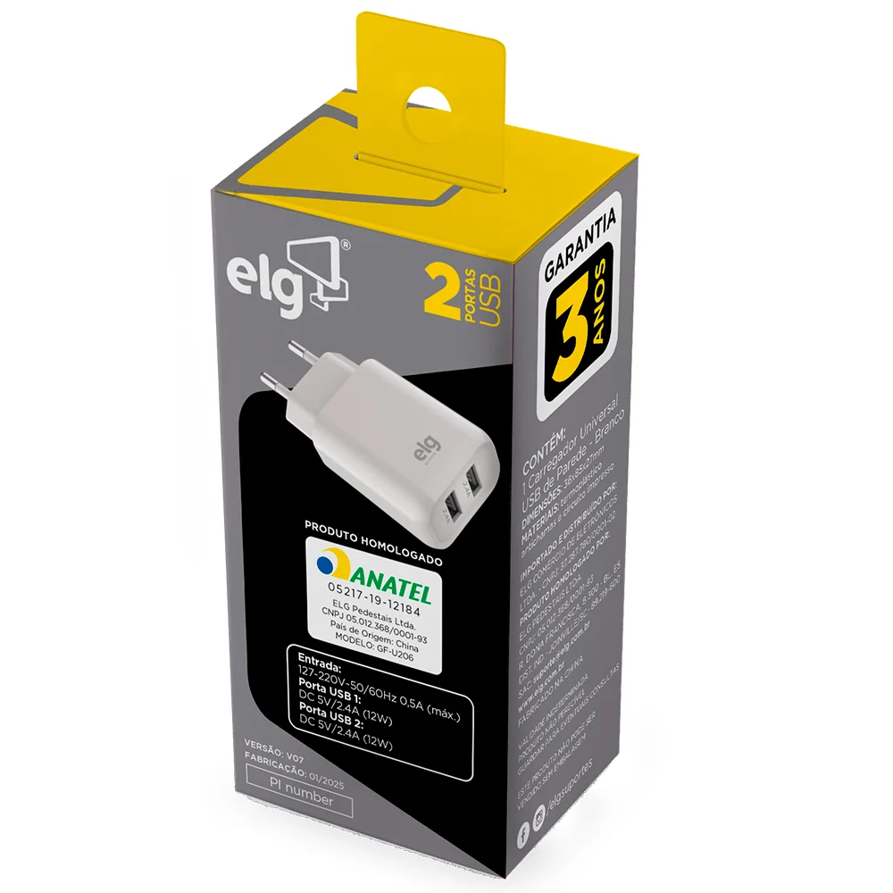 Imagem 2 de 5 do produto Carregador De Parede Usb Universal, 2 Portas Usb 2.4a, Carga Rápida, Proteção Inteligente, Branco, Wc124e, Elg