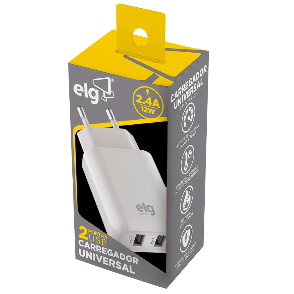 Imagem 5 de 5 do produto Carregador De Parede Usb Universal, 2 Portas Usb 2.4a, Carga Rápida, Proteção Inteligente, Branco, Wc124e, Elg