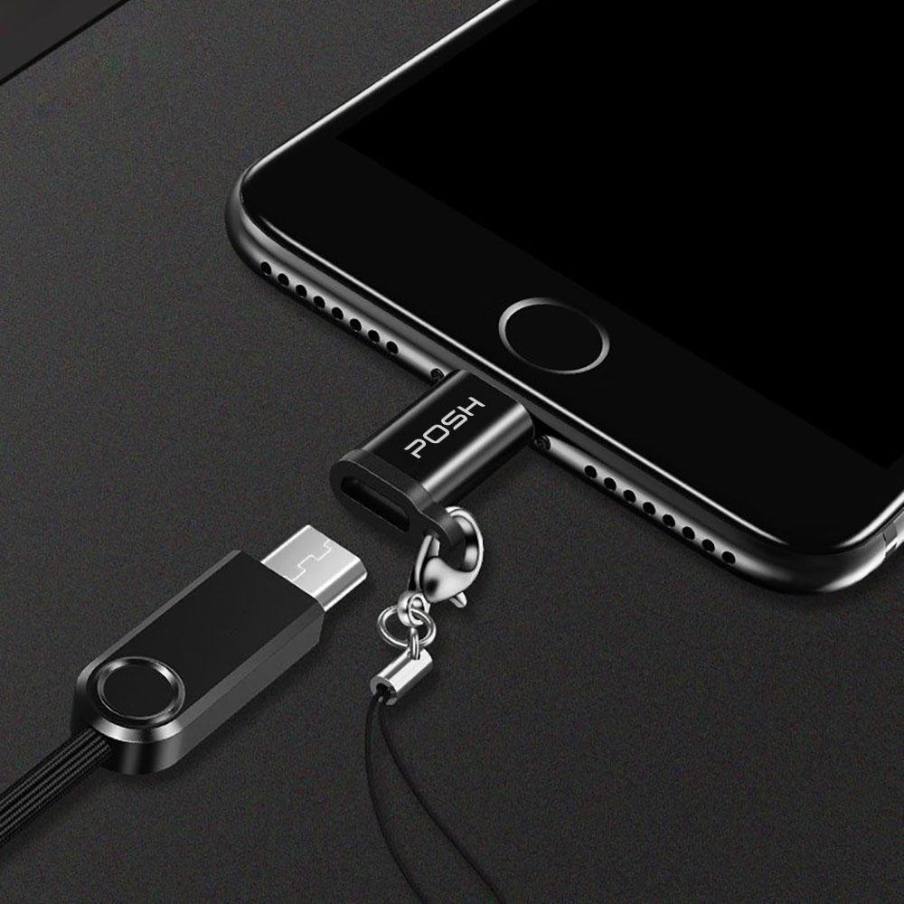 Adaptador Conversor Lightning Micro Usb Com Chaveiro Carrega E Transfere Dados Posh - Preto