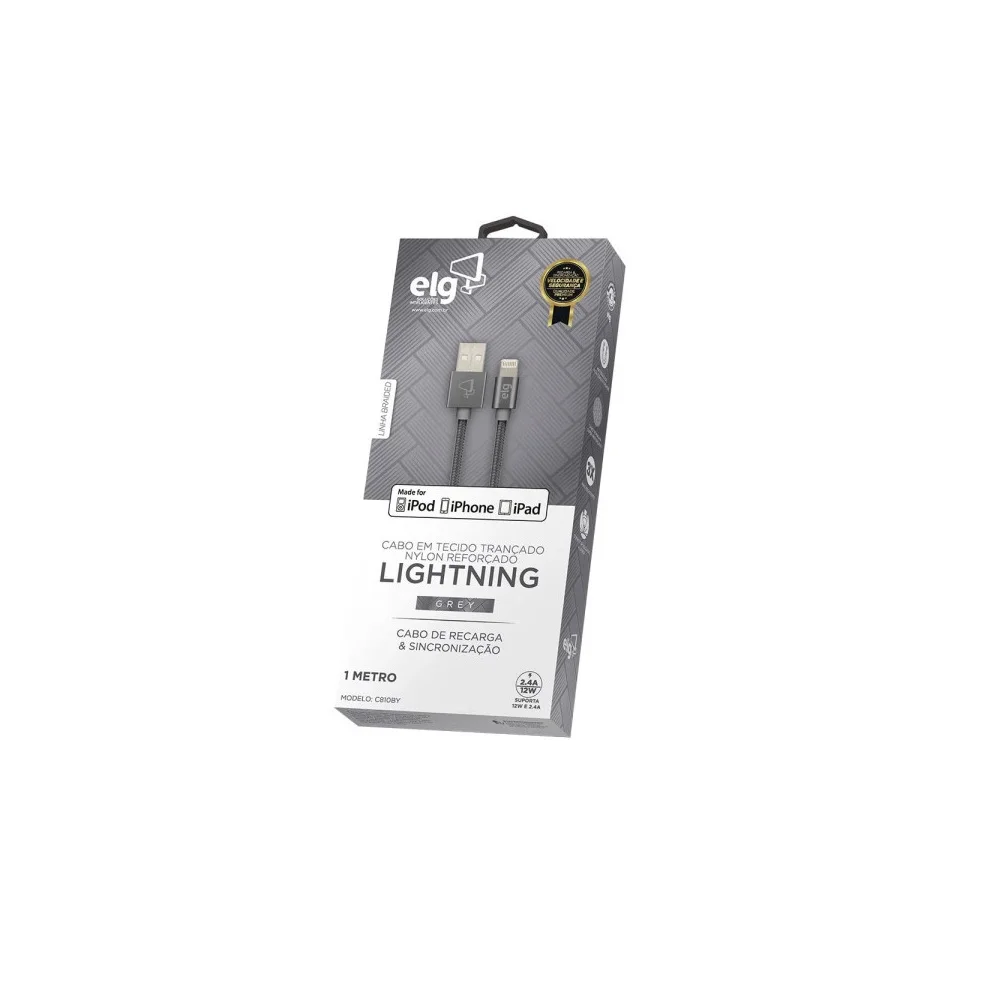 Imagem 4 de 5 do produto Cabo Lightning Usb Elg C810by Nylon Trancado (1 Metro) Cinza - Certificado Apple