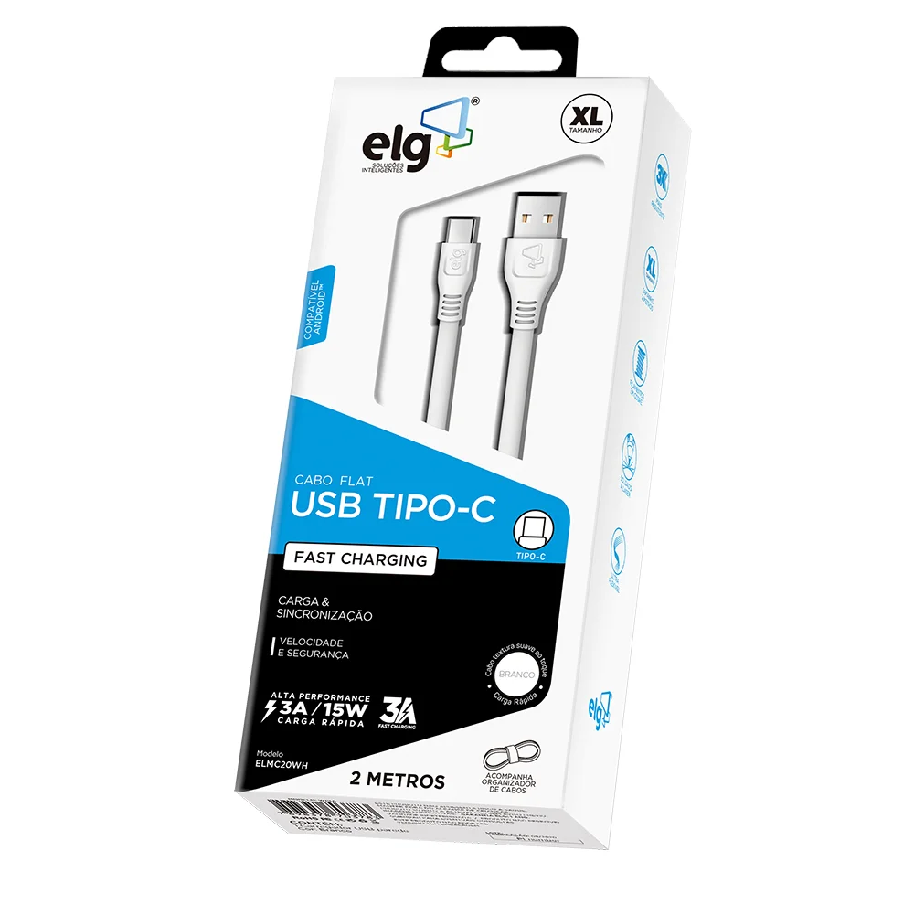 Imagem 3 de 4 do produto Cabo Usb Tipo-c, Carga Rápida 15w 3a, Cabo Flat Antienrolamento, 2 Metros, Branco, Elmc20wh, Elg