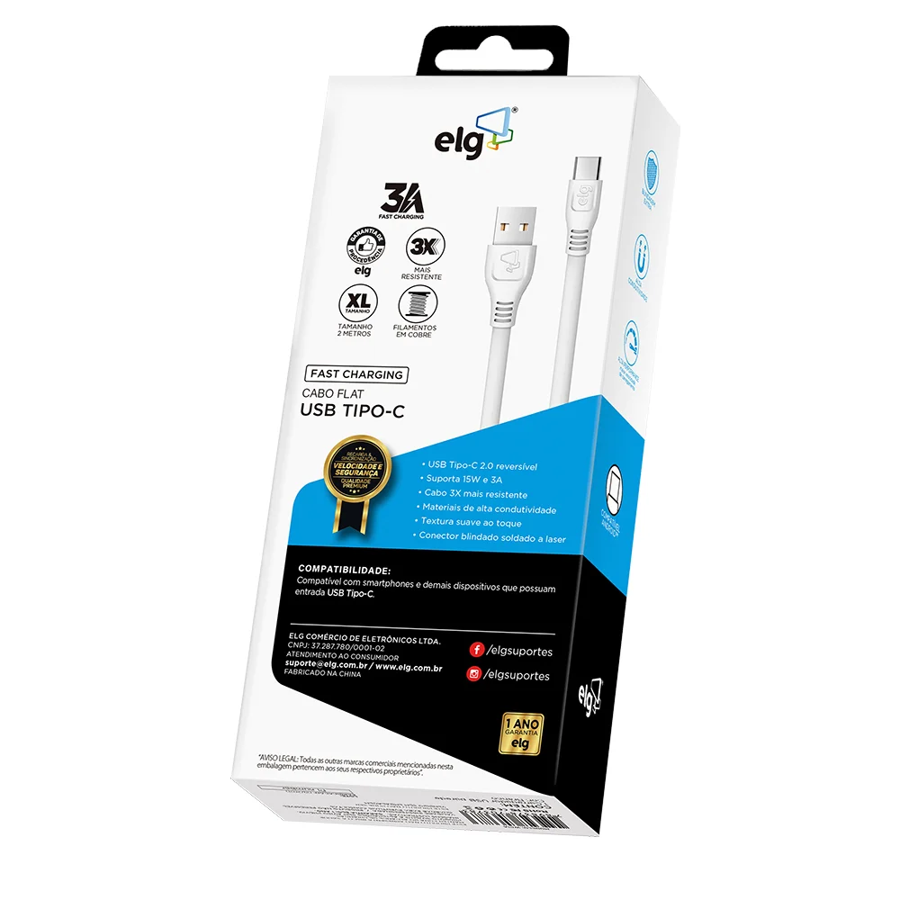 Imagem 4 de 4 do produto Cabo Usb Tipo-c, Carga Rápida 15w 3a, Cabo Flat Antienrolamento, 2 Metros, Branco, Elmc20wh, Elg
