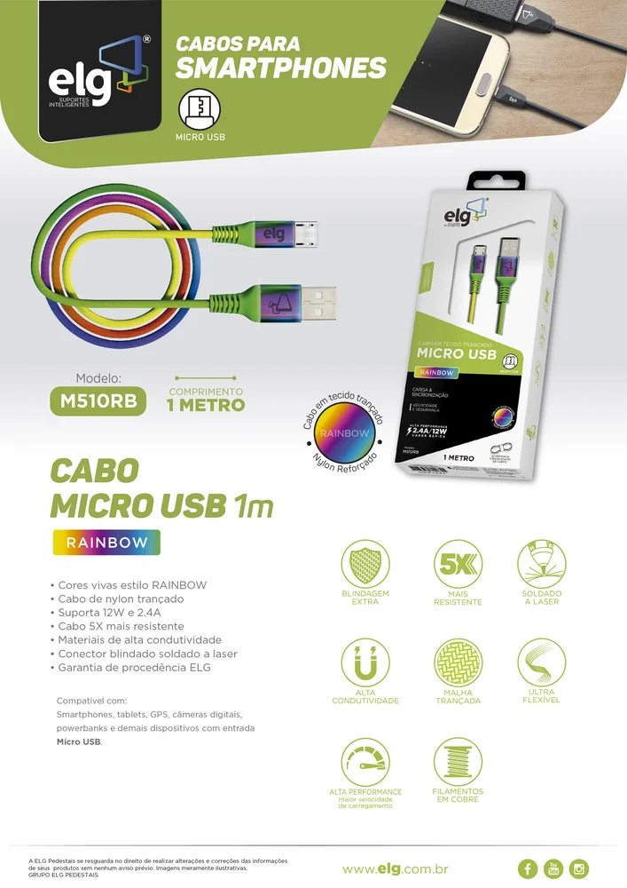 Imagem 3 de 4 do produto Cabo Micro Usb, Sincronização E Recarga 12w 2.4a, Nylon Trançado Rainbow, 1 Metro, Multicolorido, M510rb, Elg