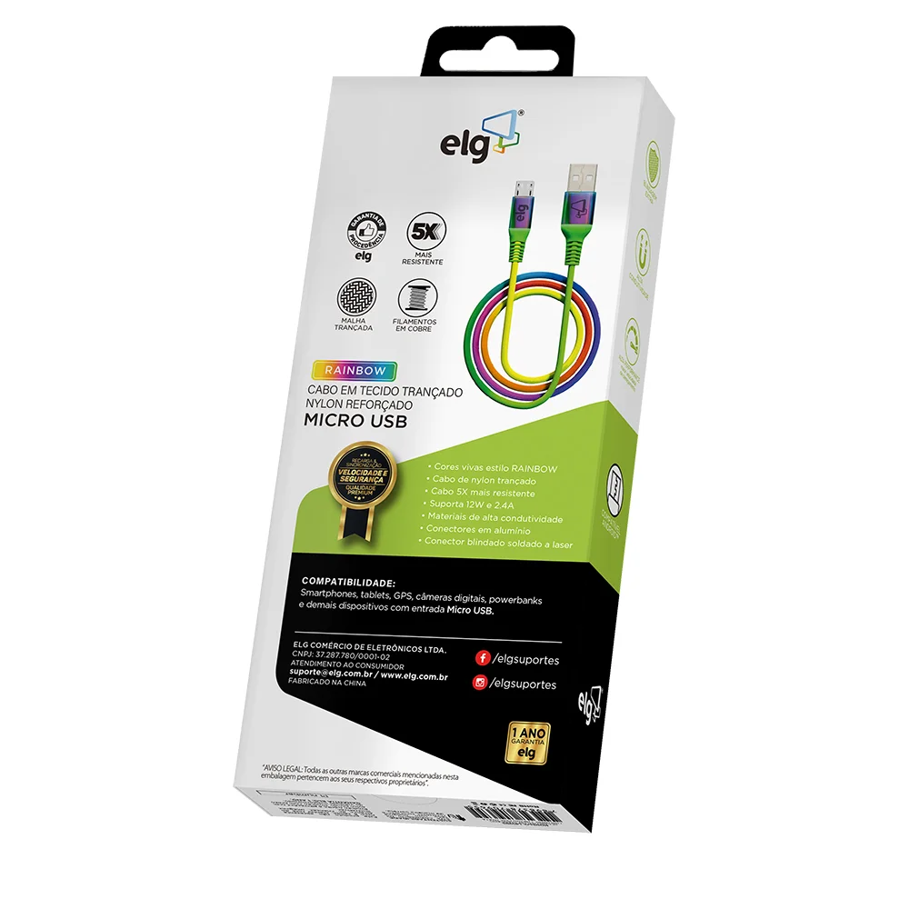 Imagem 4 de 4 do produto Cabo Micro Usb, Sincronização E Recarga 12w 2.4a, Nylon Trançado Rainbow, 1 Metro, Multicolorido, M510rb, Elg