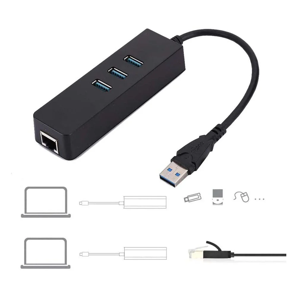 Imagem 4 de 5 do produto Adaptador Conversor Ethernet, Usb 3.0 De 3 Portas Para Rj45, Usb 3.0 Gigabit Lan.