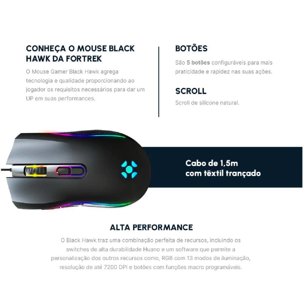 Imagem 4 de 5 do produto Mouse Gamer Fortrek G Black Hawk RGB, Usb 2.0, 7200dpi, Preto - 75682