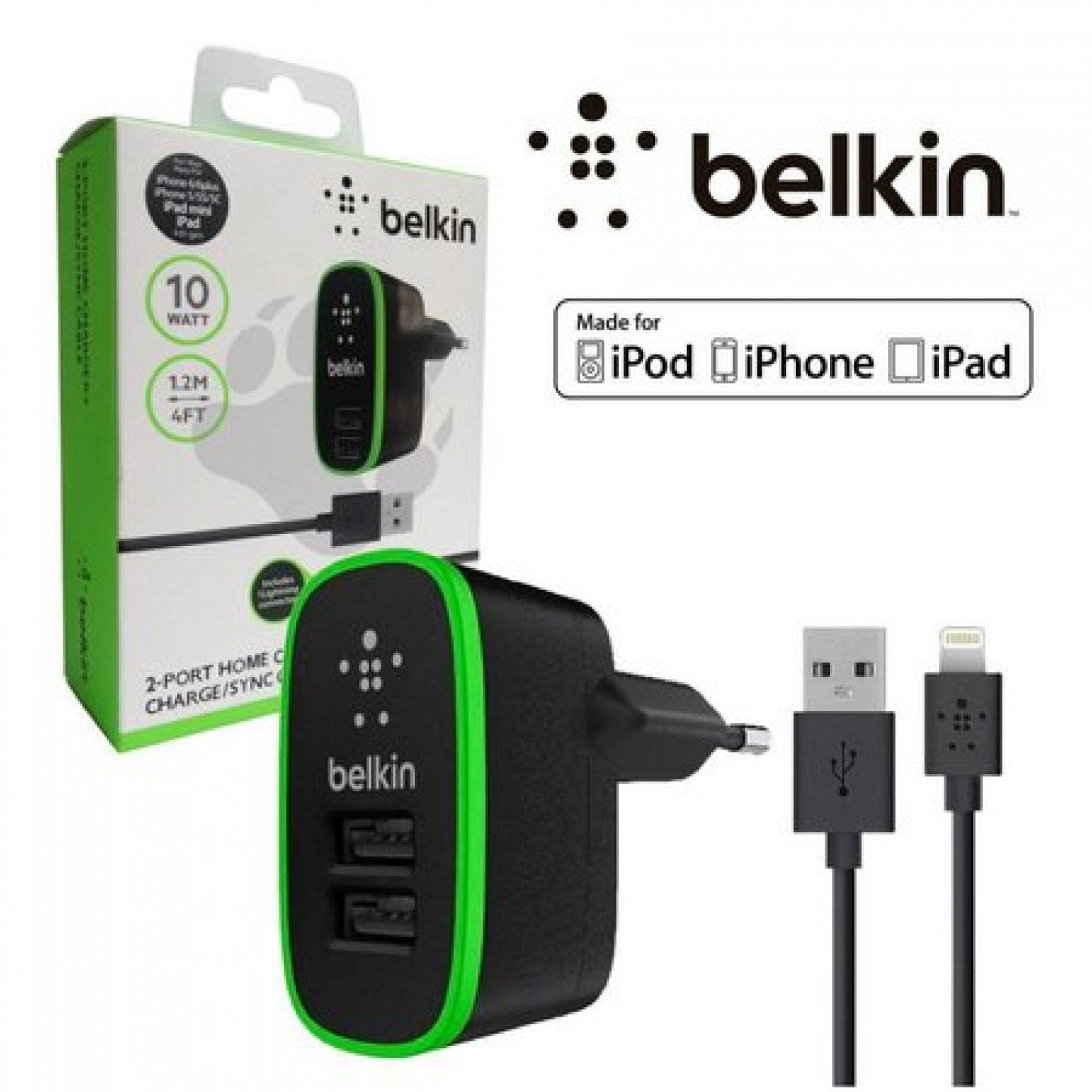 Kit Carregador Duplo, Belkin, 10w E Cabo Lightning, Para Iphone 5, 6 E 7 - F8m670kr-blk