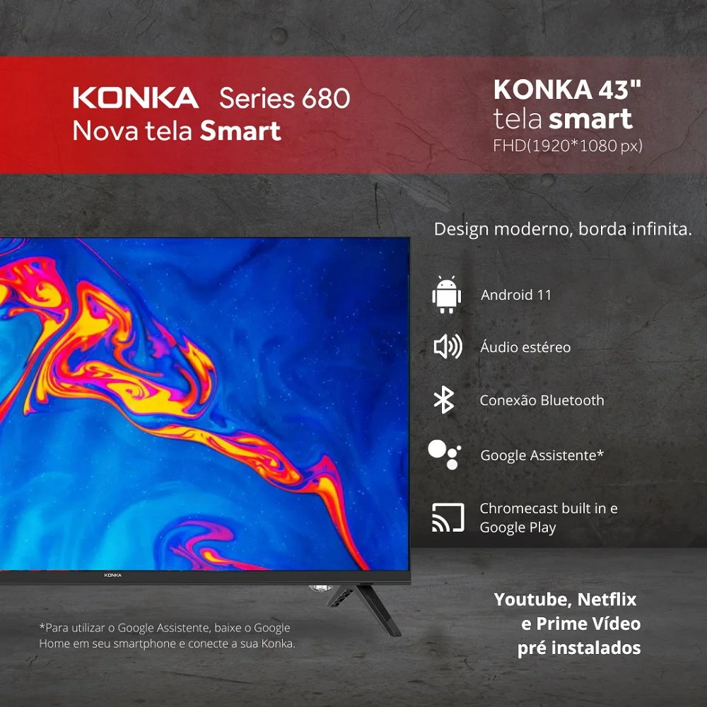 Imagem 5 de 5 do produto Smart TV LED Konka 43 Polegadas Full HD, Bluetooth, Design Sem Bordas, Comando Por Voz, Google Assistant, Android TV - KDG43