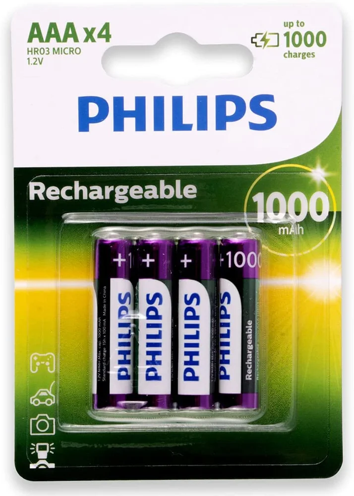 Pilha Recarregável Philips, AAA, Com 4 Palito, 1000MAH Pilha Recarregável Philips, AAA, Com 4 Palito, 1000MAH