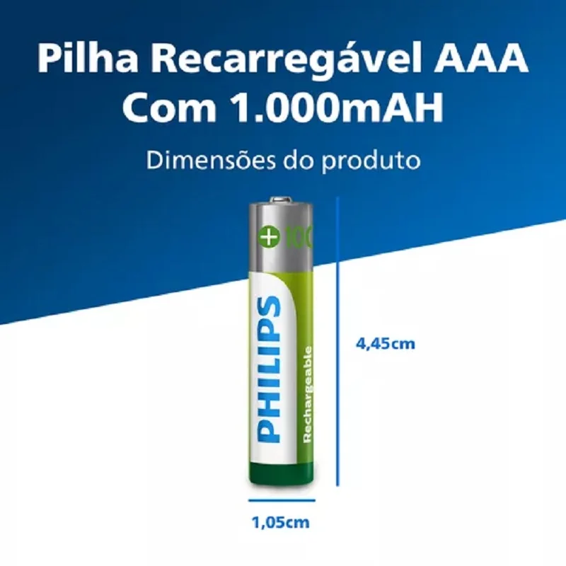 Pilha Recarregável Philips, AAA, Com 4 Palito, 1000MAH Pilha Recarregável Philips, AAA, Com 4 Palito, 1000MAH