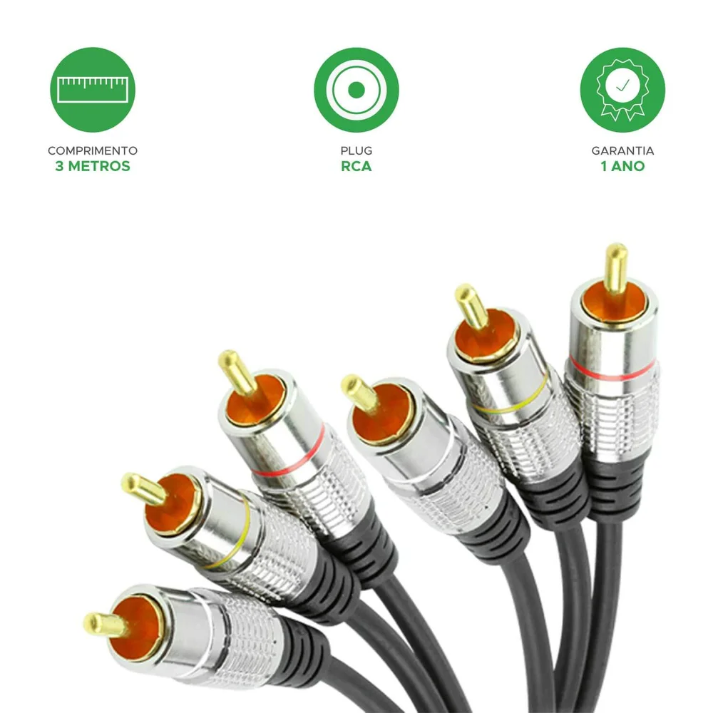 Imagem 2 de 3 do produto Cabo 3 RCA Macho,  3 RCA,Fitz, Macho, 3 Metros, 018-0751