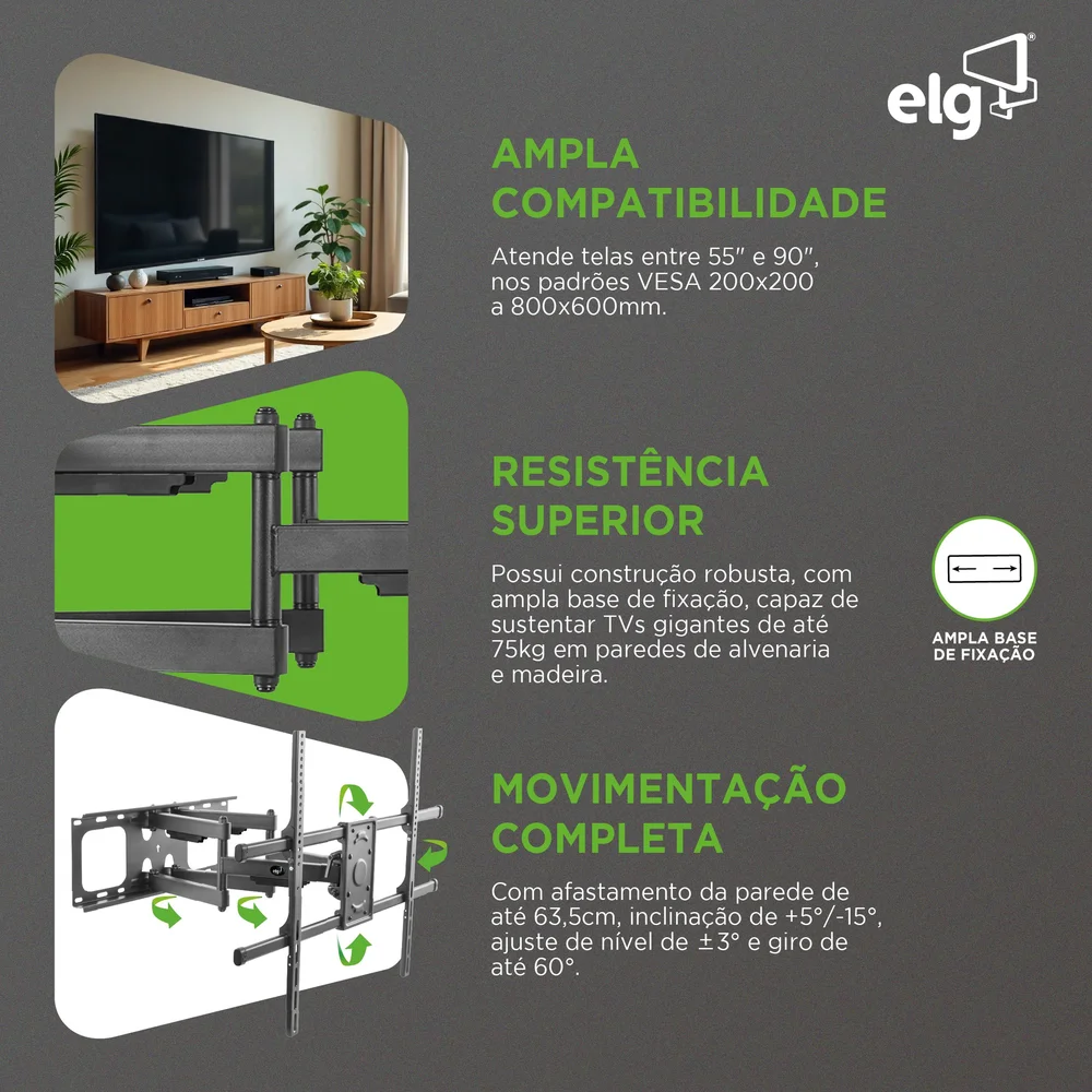 Imagem 3 de 4 do produto Suporte Articulado De Parede Para Tv, 55" A 90", Suporte Até 75kg, Distância Ajustável, Preto, A02v8xl, Elg