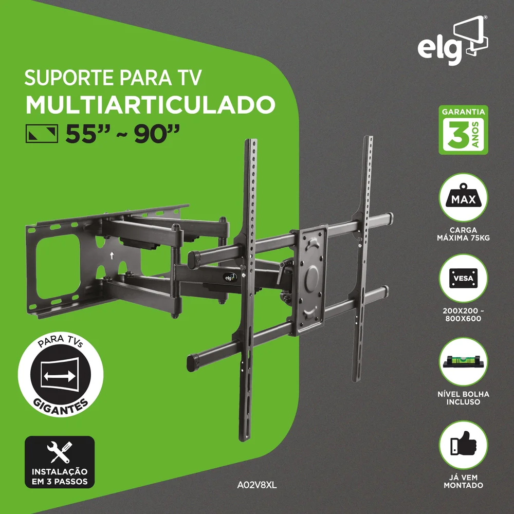 Imagem 4 de 4 do produto Suporte Articulado De Parede Para Tv, 55" A 90", Suporte Até 75kg, Distância Ajustável, Preto, A02v8xl, Elg