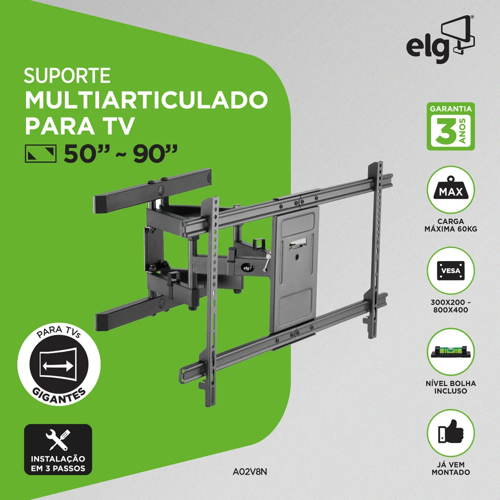 Imagem 2 de 4 do produto Suporte Multiarticulado De Parede Para Tv E Monitor De 50" A 90", Com Organizador De Cabos, Suporte Até 60kg, Preto, A02v8n, Elg