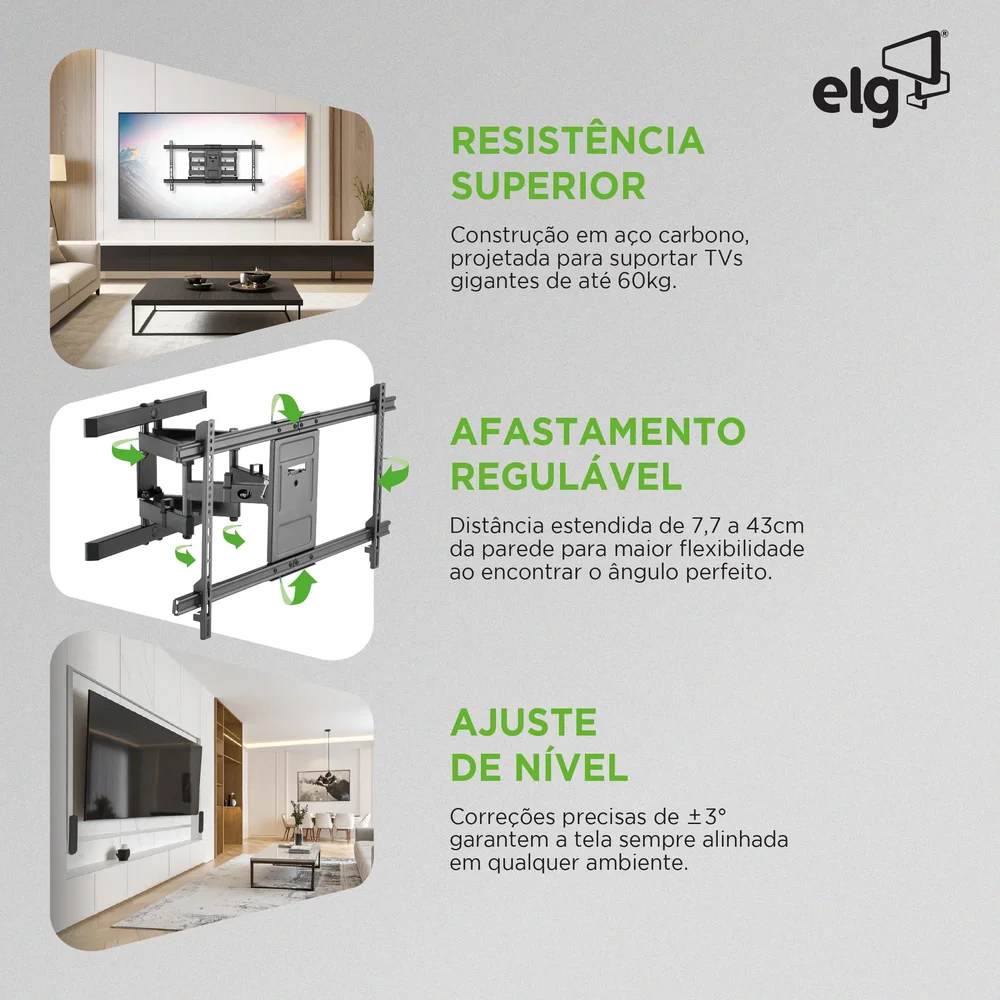 Imagem 3 de 4 do produto Suporte Multiarticulado De Parede Para Tv E Monitor De 50" A 90", Com Organizador De Cabos, Suporte Até 60kg, Preto, A02v8n, Elg