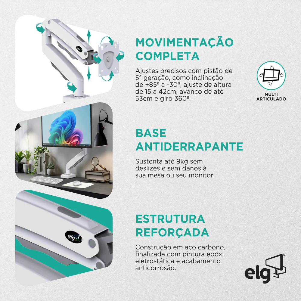 Imagem 3 de 4 do produto Suporte Articulado Para Monitor De 17 A 27 ElG, De Mesa, Com Pistão A Gás, Branco - F80W