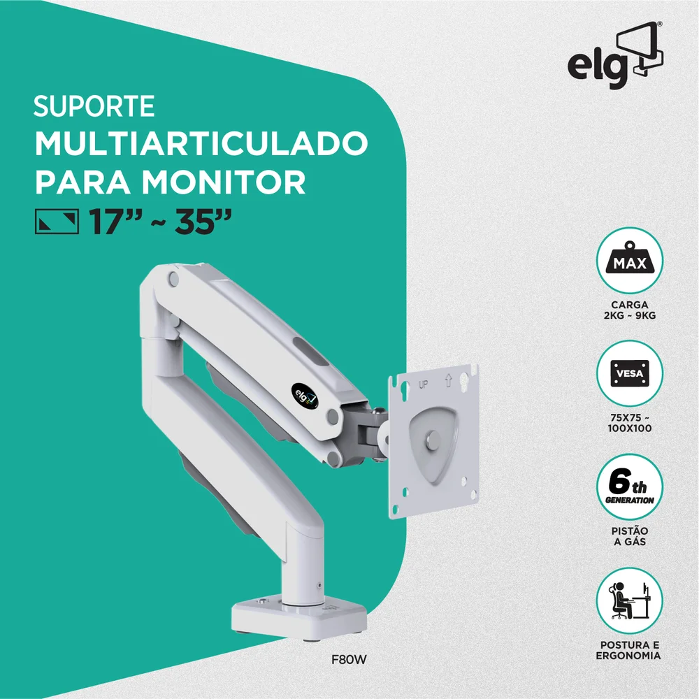 Imagem 4 de 4 do produto Suporte Articulado Para Monitor De 17 A 27 ElG, De Mesa, Com Pistão A Gás, Branco - F80W