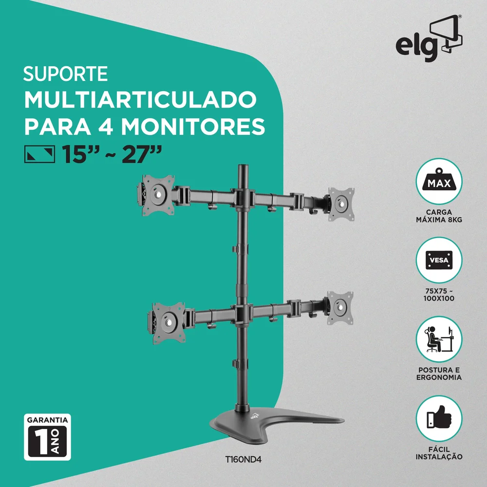 Imagem 3 de 3 do produto Suporte Articulado De Mesa Elg Para 4 Monitores De 15" A 27" - Preto - T160nd4.