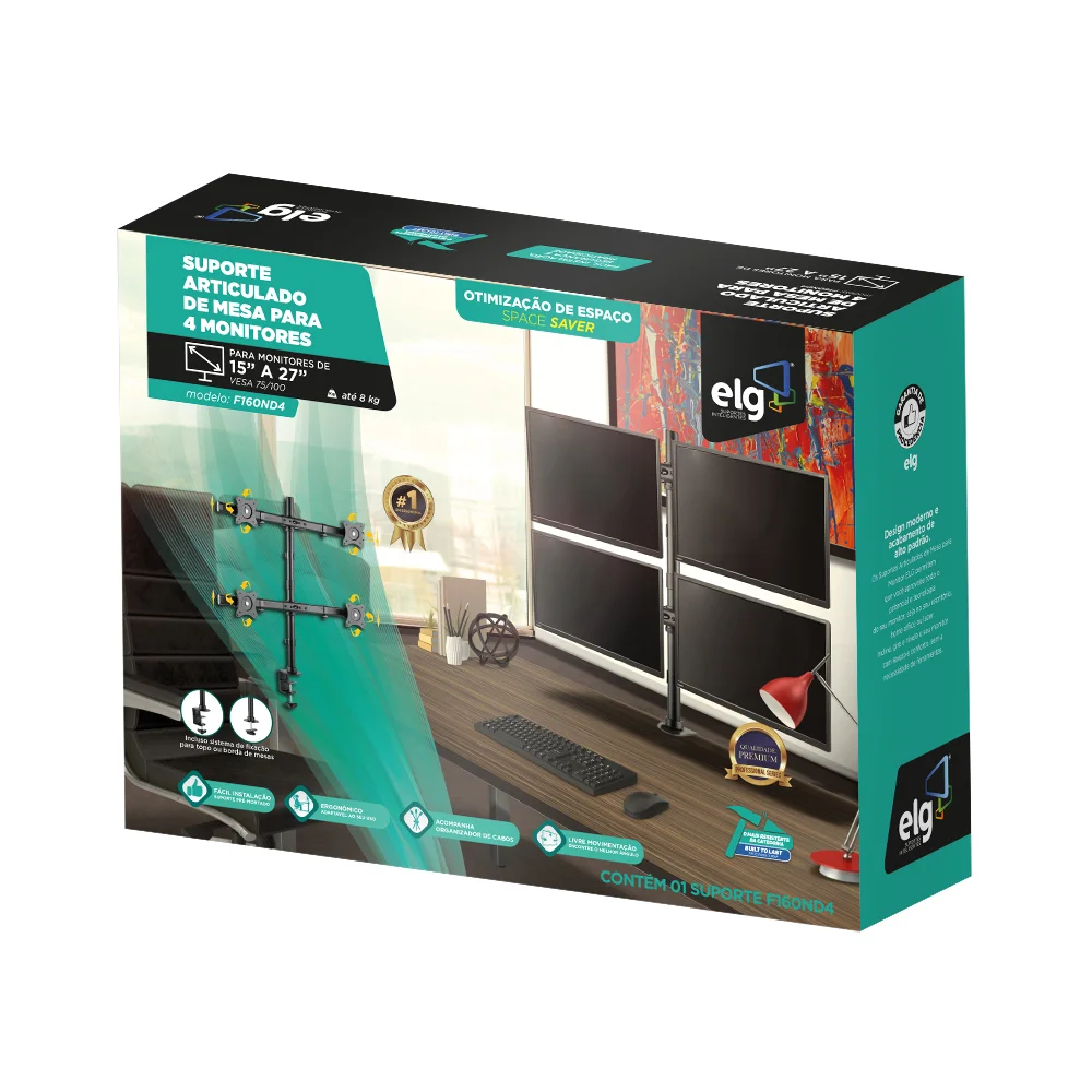 Imagem 3 de 3 do produto Suporte Ergonômico Articulado De Mesa, 4 Monitores 15" A 27", Giro 360°, Suporte Até 8kg Por Tela, Preto, F160nd4, Elg